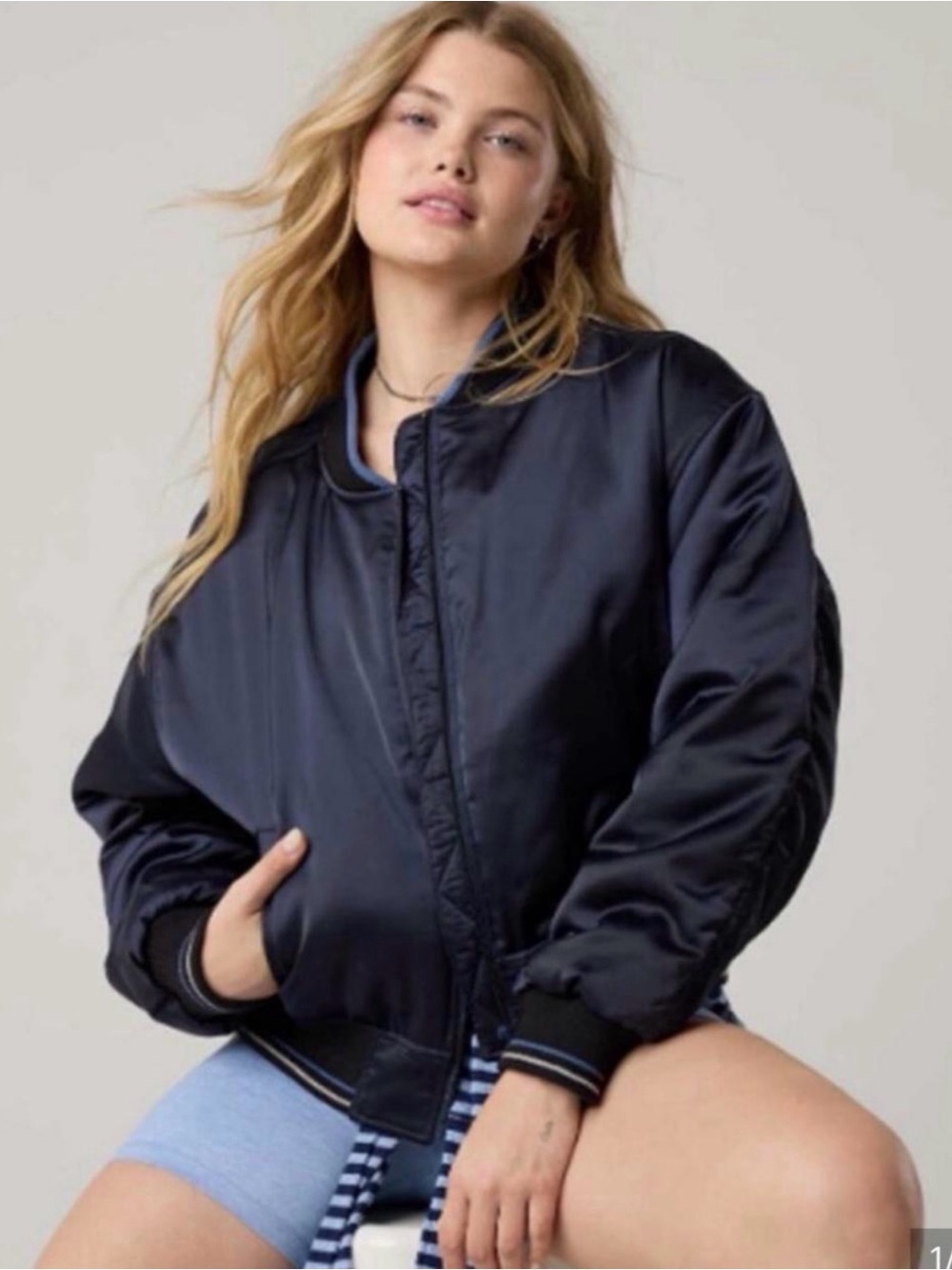 OFFLINE by Aerie Navy Blue Satin Bomber Jacket Oversized XL